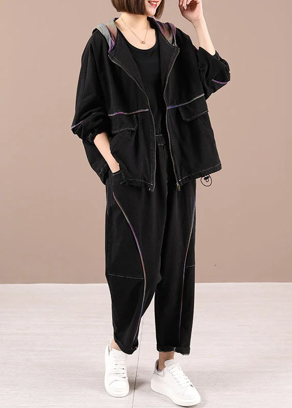 Casual Fit Beautiful Black Loose Casual Hooded Zippered Fall Two Pieces Set Long Sleeve Casual Fit Beautiful Black Loose Casual Hooded Zippered Fall Two Pieces Set Long Sleeve