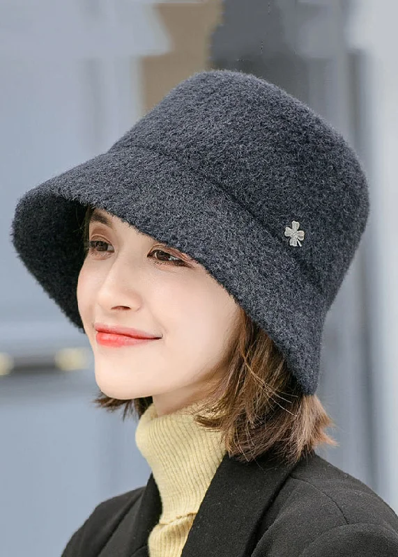 Cozy Outerwear Fashion Black Versatile Woolen Bucket Hat