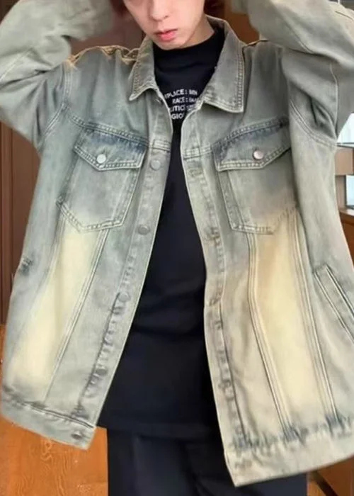 Basic Comfort Vintage Mud Yellow Peter Pan Collar Button Denim Mens Coats Spring
