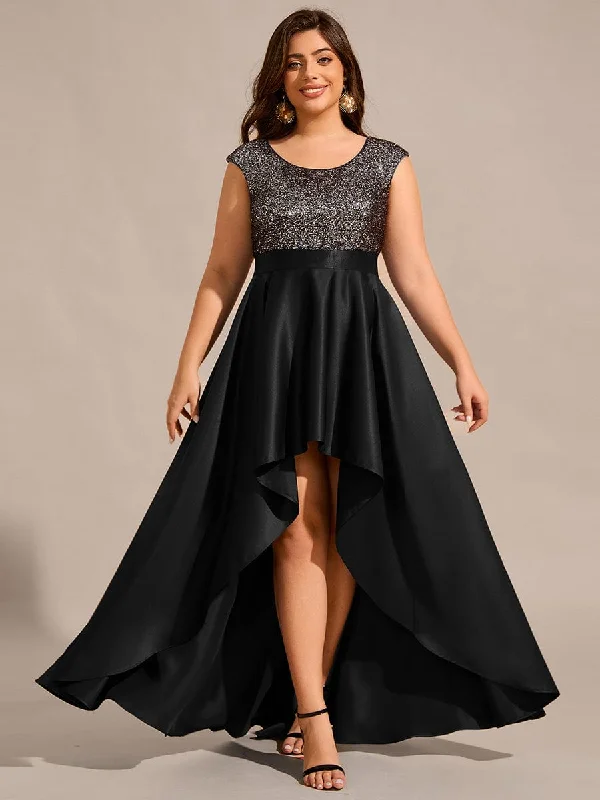 Weekend Wear Faye | Plus Size Sequin Round Neckline High-Low Satin Formal Evening Dress