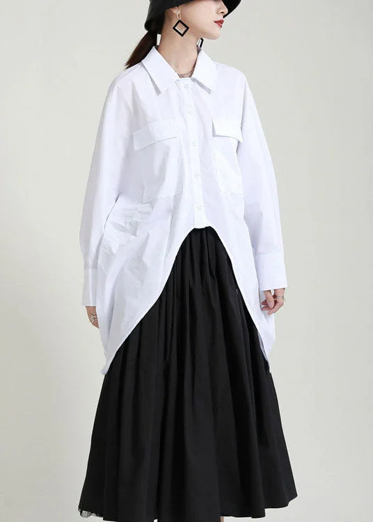 Cozy Pants Loose White button low high design Peter Pan Collar Blouses Spring