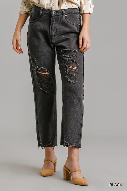 Weekend Comfort Wear 5 Pockets Non-stretch Straight Cut Distressed Denim Jeans With Raw Hem