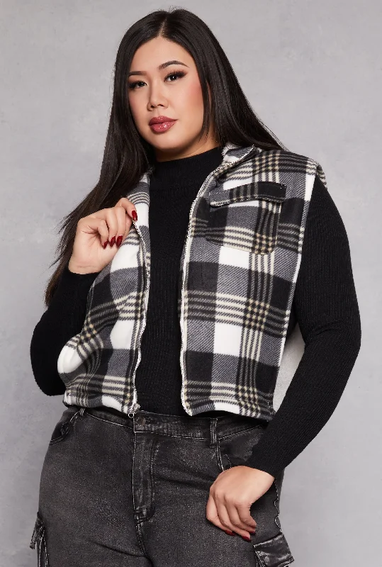 Everyday Style Plus Size Plaid Hooded Zip Front Vest