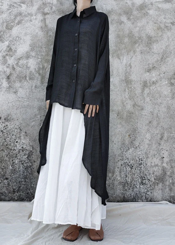 Warm Wear Loose Black Low High Design Peter Pan Collar Linen Tops Long Sleeve