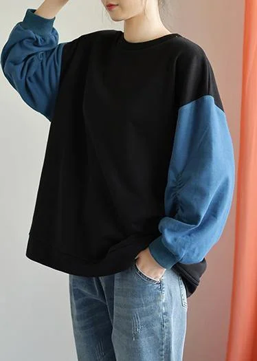Soft Textures Modern o neck long sleeve cotton Shirts black patchwork blue blouse fall Soft Textures Modern o neck long sleeve cotton Shirts black patchwork blue blouse fall