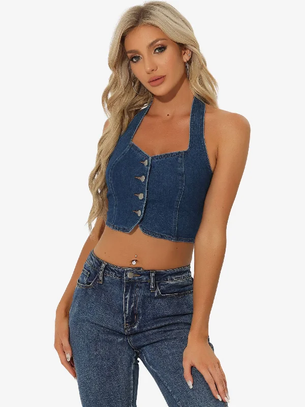 Chic Outfits Denim Crop Sleeveless Button Front Halter Tank Top