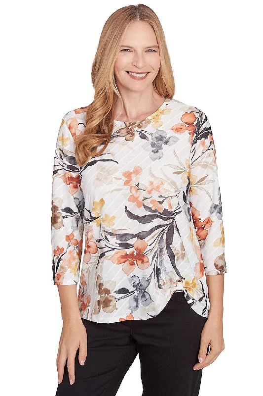 Layered Style Watercolor Floral Diagonal Ribbed Top