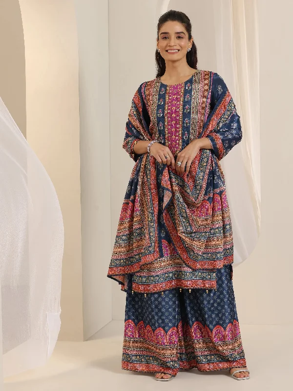 Basic Comfort Blue Printed Chinon Straight Suit Set With Dupatta