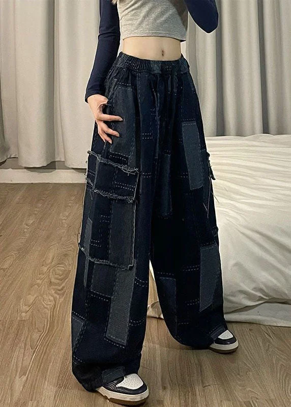 Casual Chic Wear Italian Blue Pockets Patchwork Denim Wide Leg Pants Spring