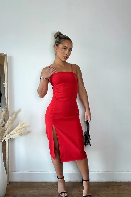 Cozy Lounge Wear ONLY SLIM SLIT DRESS IN RED