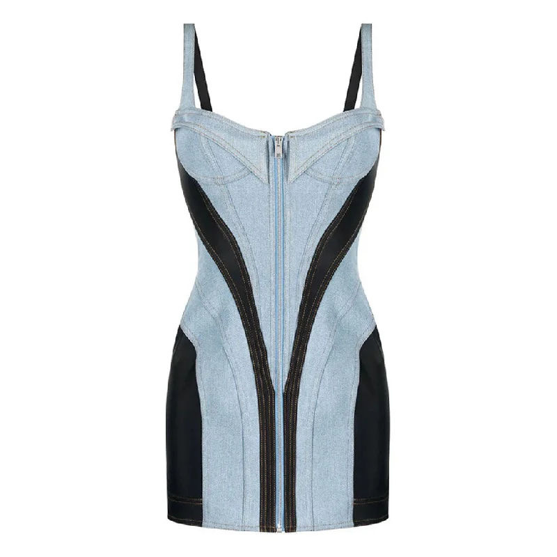 Cozy Dress Contrast Blue & Black Bustier Front Zip Bodycon Hybrid Denim Mini Sundress Cozy Dress Contrast Blue & Black Bustier Front Zip Bodycon Hybrid Denim Mini Sundress