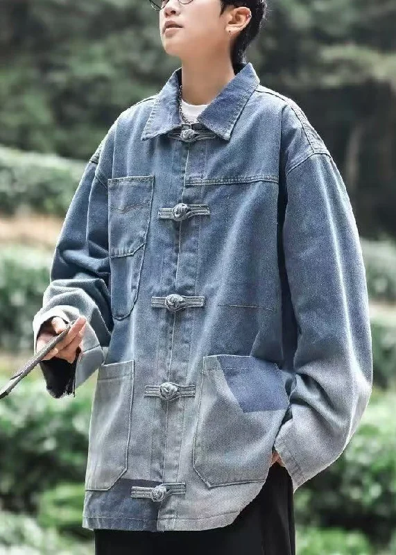 Comfy Dress Loose Blue Button Pockets Denim Mens Coats Spring