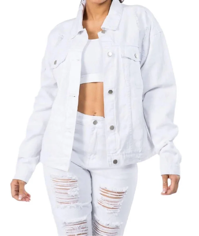 Cozy Layers Graphic Distressed Denim Jacket In White