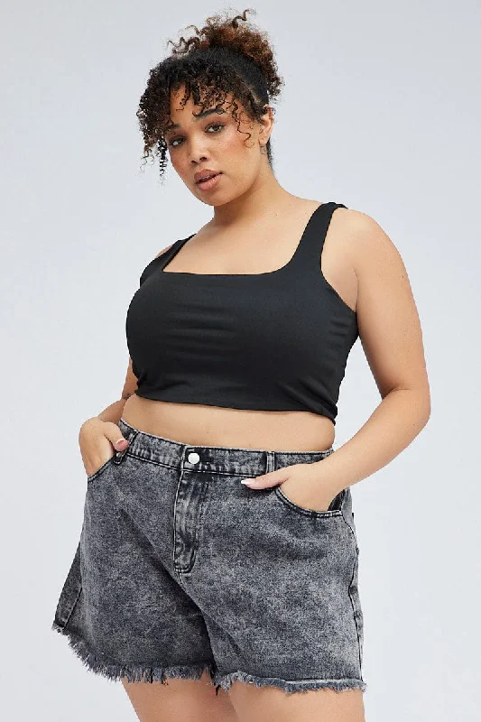 Simple Style Black Relaxed Denim Shorts High Rise