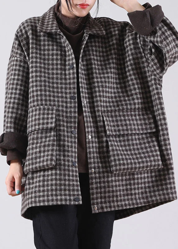 Comfortable Tops Classy Khaki PeterPan Collar Plaid Warm Fleece Winter Coat