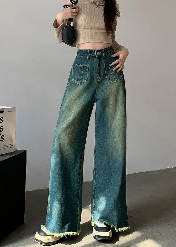 Simple Style New Blue Tasseled High Waist Denim Wide Leg Pants