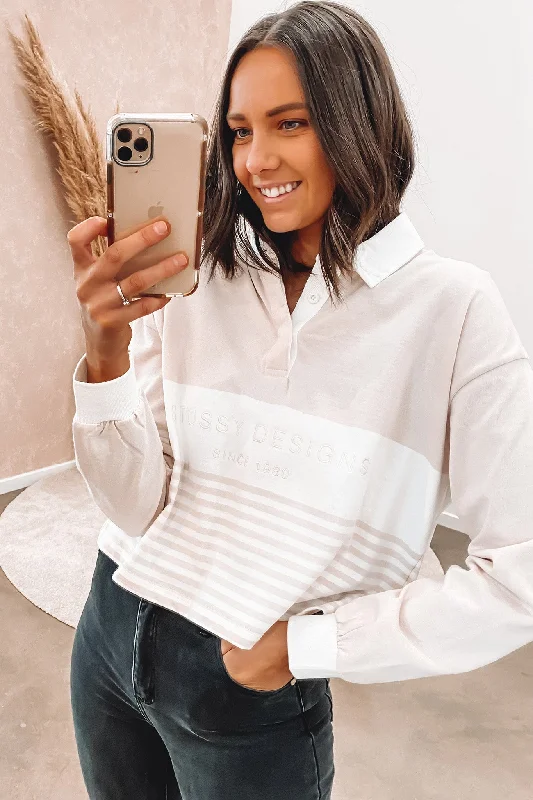 Breezy Style Splice Long Sleeve Rugby White Sand