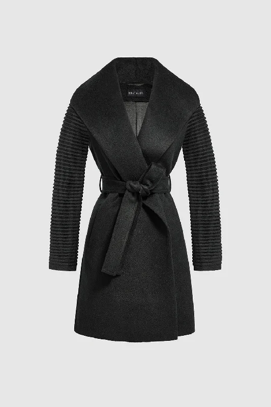 Warm Layers Baby Alpaca Mid Length Shawl Collar Wrap Coat with Ribbed Sleeves