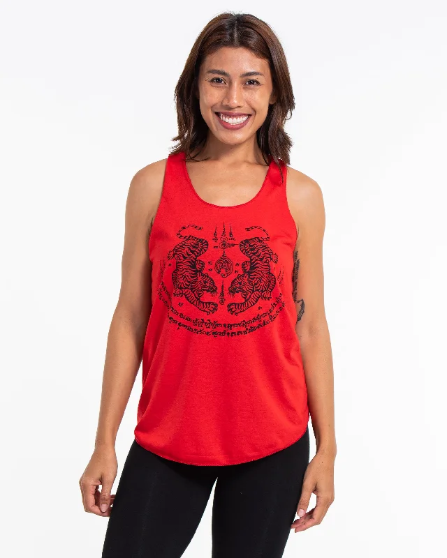 Comfort Fit Womens Tiger Tattoo Tank Top in Red
