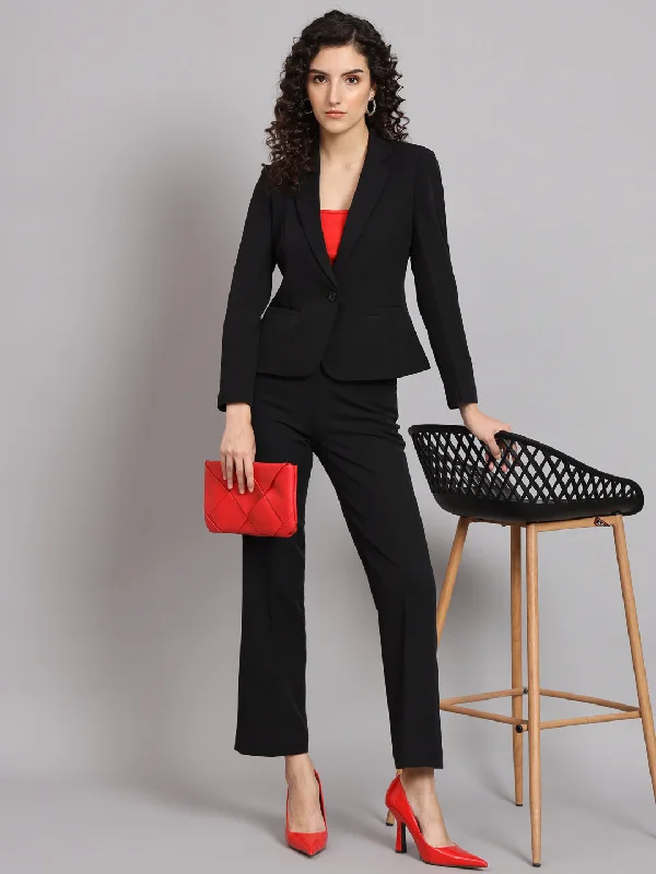 Cozy Outerwear Short Blazer Notched Collar Polyester Pant Suit - Black