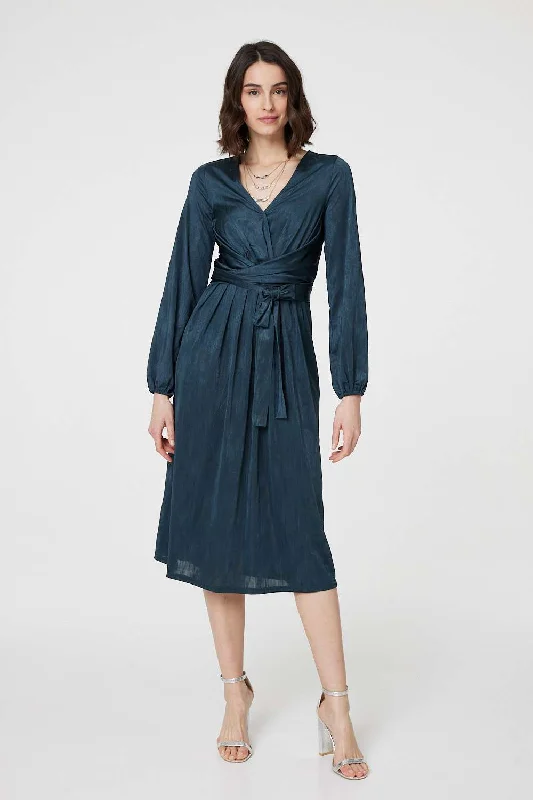 Soft Feel Ruched Long Sleeve Midi Wrap Dress
