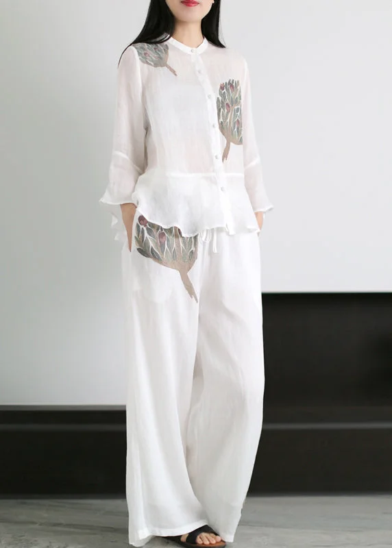 All-Day Wear Loose White Stand Collar Patchwork Linen Two Pieces Set flare sleeve