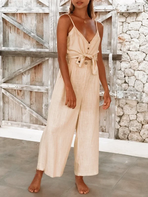 Light Fit Women V-neck Sling Comfort Linen Suit