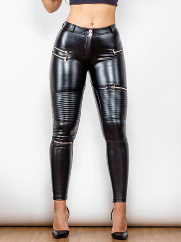Comfortable Sweaters ZASUWA Female Glossy Zipper Pocket Folds Hip-lift Leggings