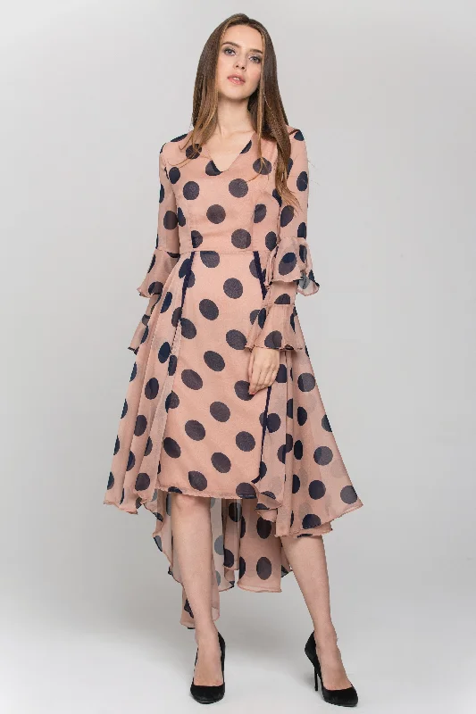 Everyday Comfort Pink and Blue Polka Dot Ruffled Chiffon Midi Dress