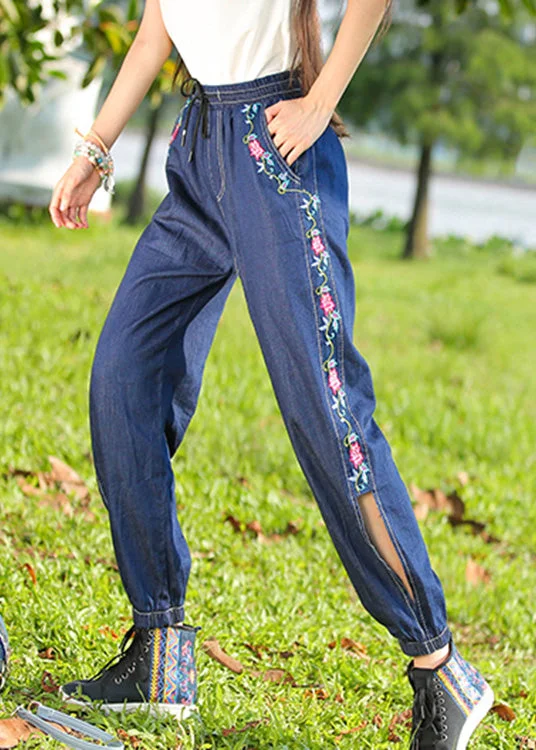 Easy Comfort Style Plus Size Denim Blue Embroideried High Waist Cotton Lantern Pants Summer