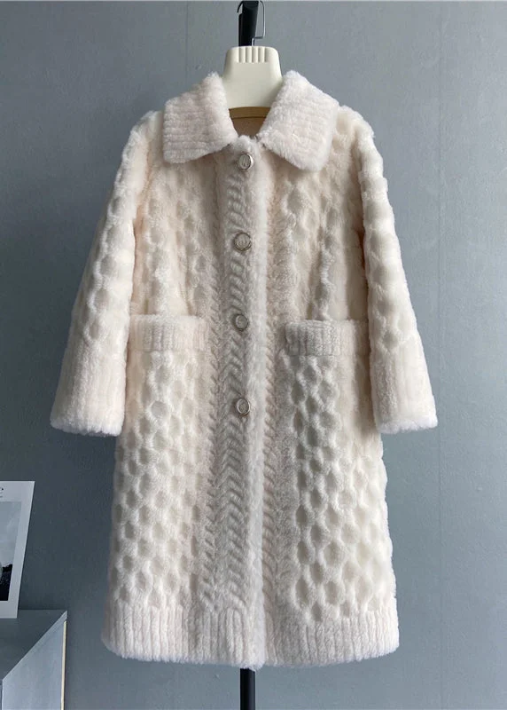Soft Comfort Elegant White Peter Pan Collar Pockets Woolen Coat Winter
