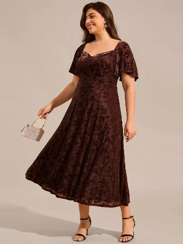 Light Comfort Lola | Plus Size Printed Velvet A-Line Short Sleeve Tea Length Wedding Guest Dress