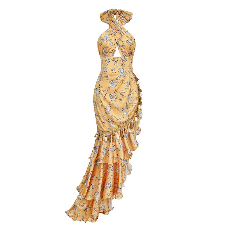 Comfortable Tops Asymmetrical Fringed Ruffle Hem Bow Tie Halter Backless Floral Evening Dress