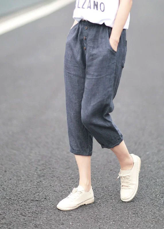 Sporty Comfort Bohemian Denim Blue Pockets Patchwork Linen Crop Pants Summer