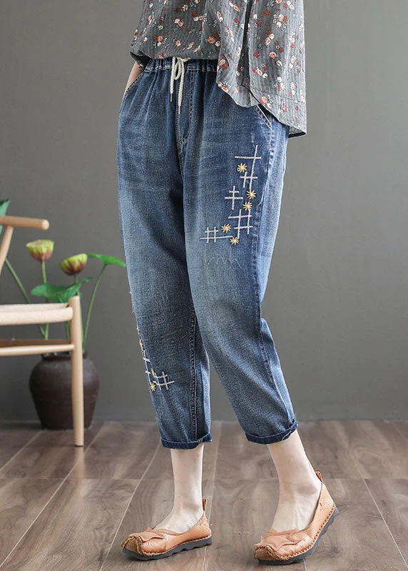 Comfy Chic Chic Denim Blue Elastic Waist Embroideried Cotton Crop Pants Spring