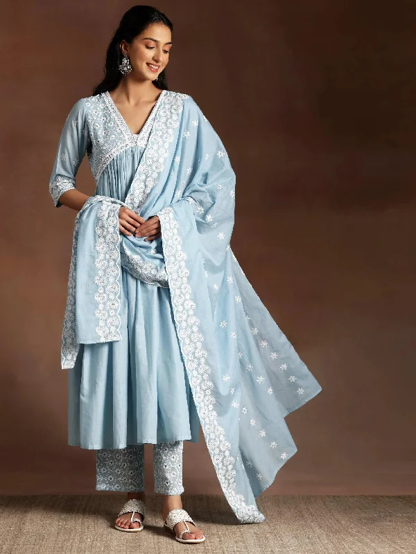 Elegant Fit Blue Embroidered Cotton A-Line Kurta With Palazzos & Dupatta