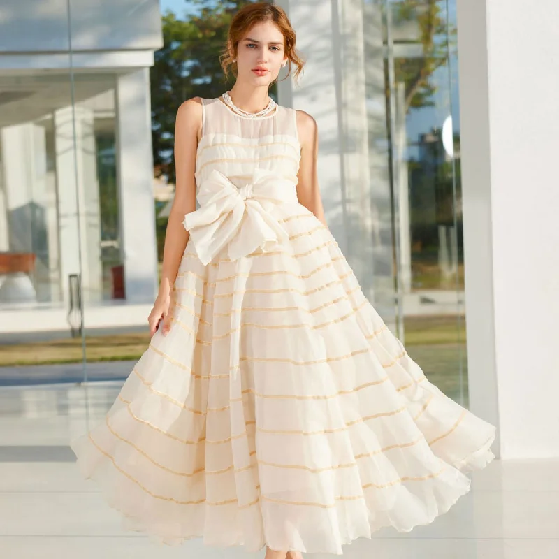 Comfortable Fashion Looks Cute Crew Neck Bow Tie High Waist A Line Sleeveless Striped Tulle Maxi Dress Comfortable Fashion Looks Cute Crew Neck Bow Tie High Waist A Line Sleeveless Striped Tulle Maxi Dress