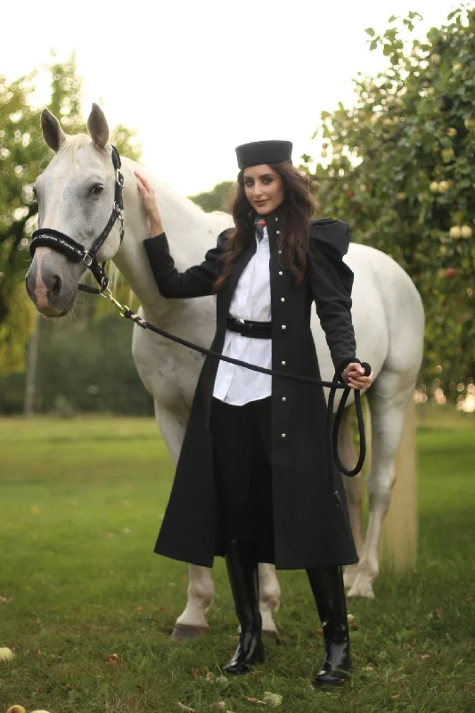 Classic Comfort Fit and Flare Coat with Balloon-Styled Sleeves in Black | 'Majestic Night' Classic Comfort Fit and Flare Coat with Balloon-Styled Sleeves in Black | 'Majestic Night'