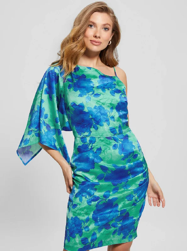 Fashion Comfort Eco Blue Floral One Shoulder Sadie Mini Dress