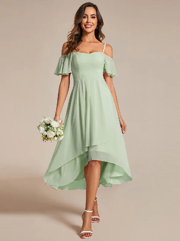 Casual Fit Spaghetti Strap Cold Shoulder Chiffon A-Line Midi Wedding Guest Dress