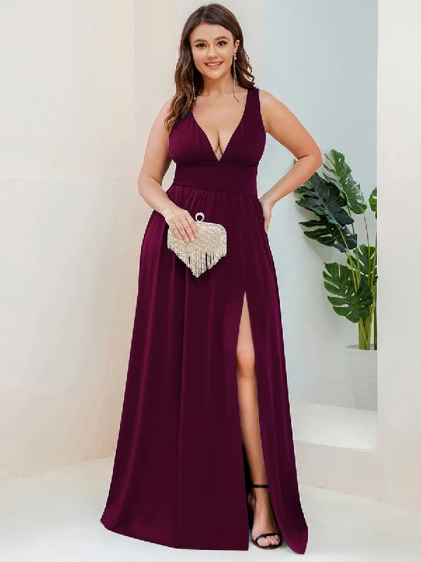 Classic Comfort Plus Size Sleeveless V-Neck Empire Waist High Slit Floor-Length Evening Dress Classic Comfort Plus Size Sleeveless V-Neck Empire Waist High Slit Floor-Length Evening Dress