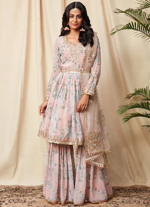 Relaxed Tops Dusty Peach Floral Georgette Gharara Suit