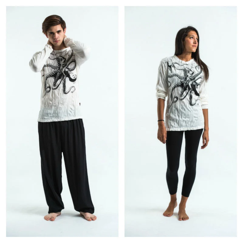 Relaxed Fit Unisex Octopus Long Sleeve T-Shirt in White