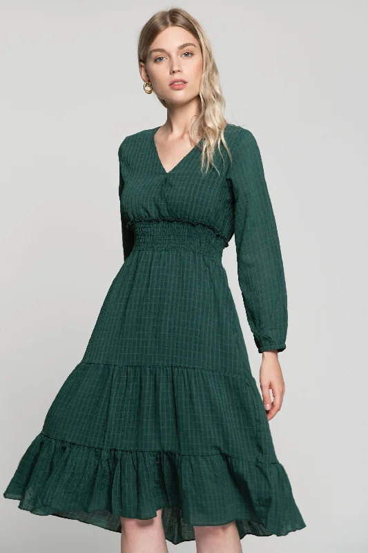 Soft Style Pine Green Smocked Waist V-Neck Maxi Dress