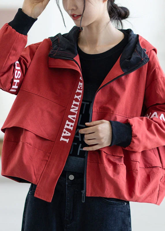 Light Fit Chic Red zippered Graphic Patchwork Casual Fall Hooded Coat