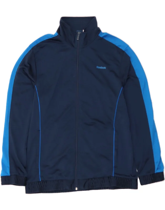 Cozy Apparel REEBOK Womens Tracksuit Top Jacket UK 16 Large Navy Blue Colourblock