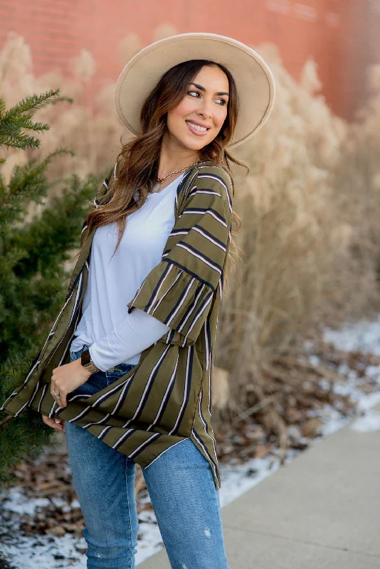Effortless Outfits Striped Ruffle Sleeve Kimono