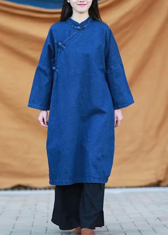Comfy Pants DIY denim dark blue quilting dresses stand collar baggy Dresses