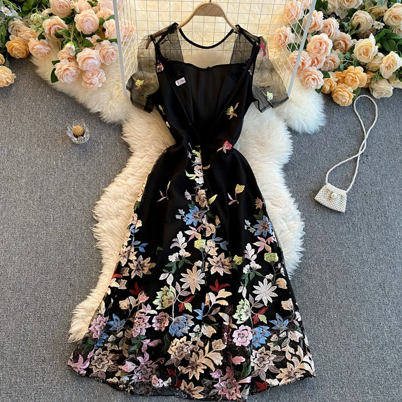 Comfy Dress Embroidered French Elegant Round Neck Short Sleeve