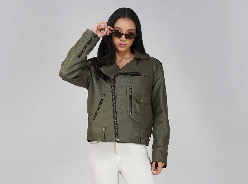 Elegant Wear SLAY. Women's Olive Faux Leather Jacket